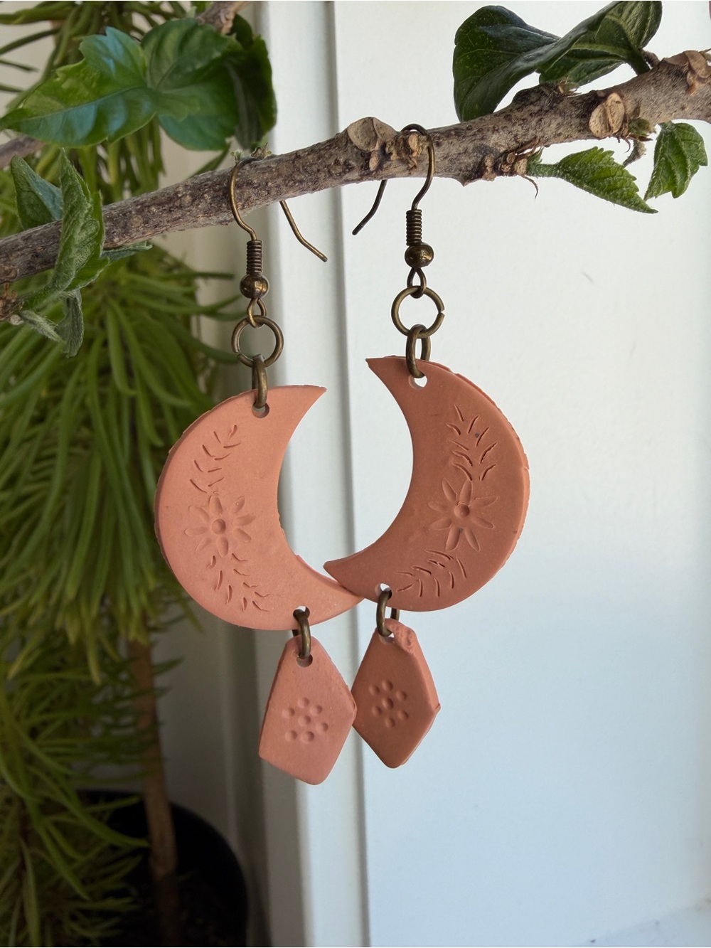 Handmade Clay Terracotta color Boho moon earrings
